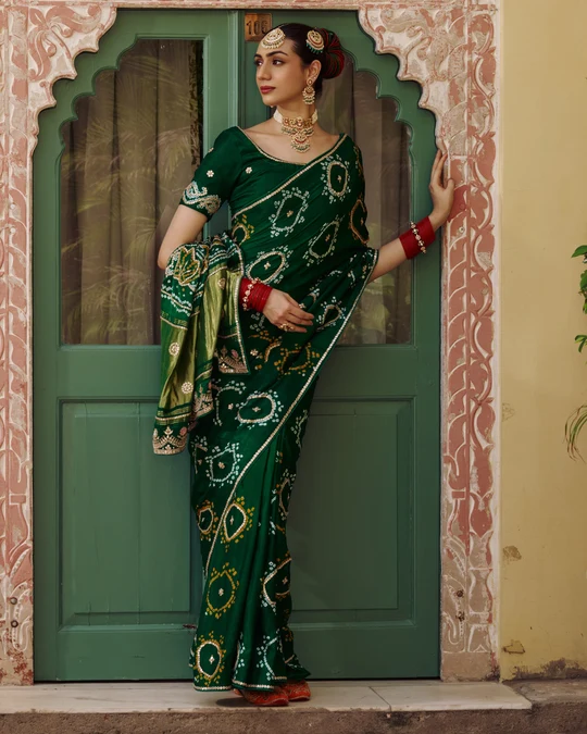 Varsha Green Embroidered Kajol Bandhej Saree