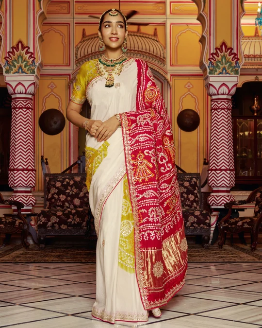 Barkha White Embroidered Kajol Bandhej Saree