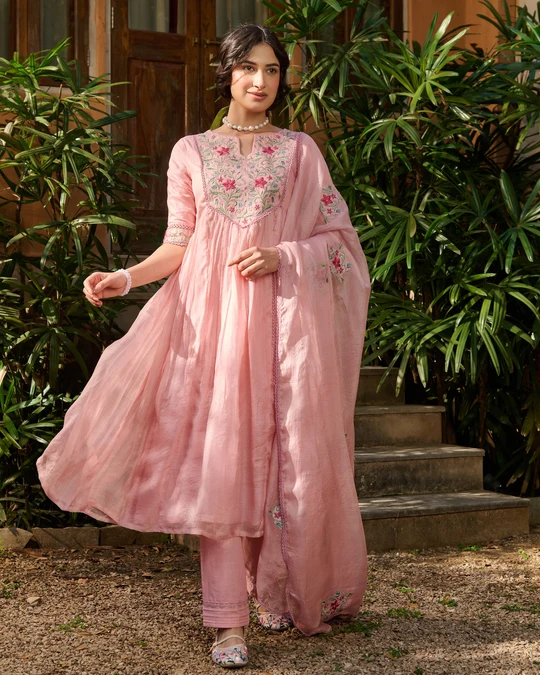 Kunda Peach Handpainted Chanderi Suit Set