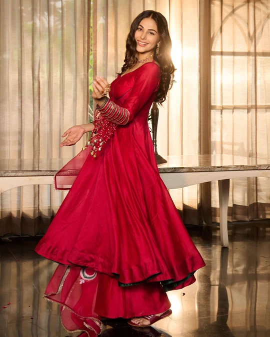 Mehka Red Solid Satin Lehenga Set